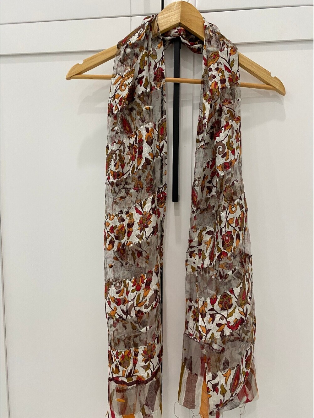 Vintage Sheer Floral Patterned Scarf with Striped Ends
